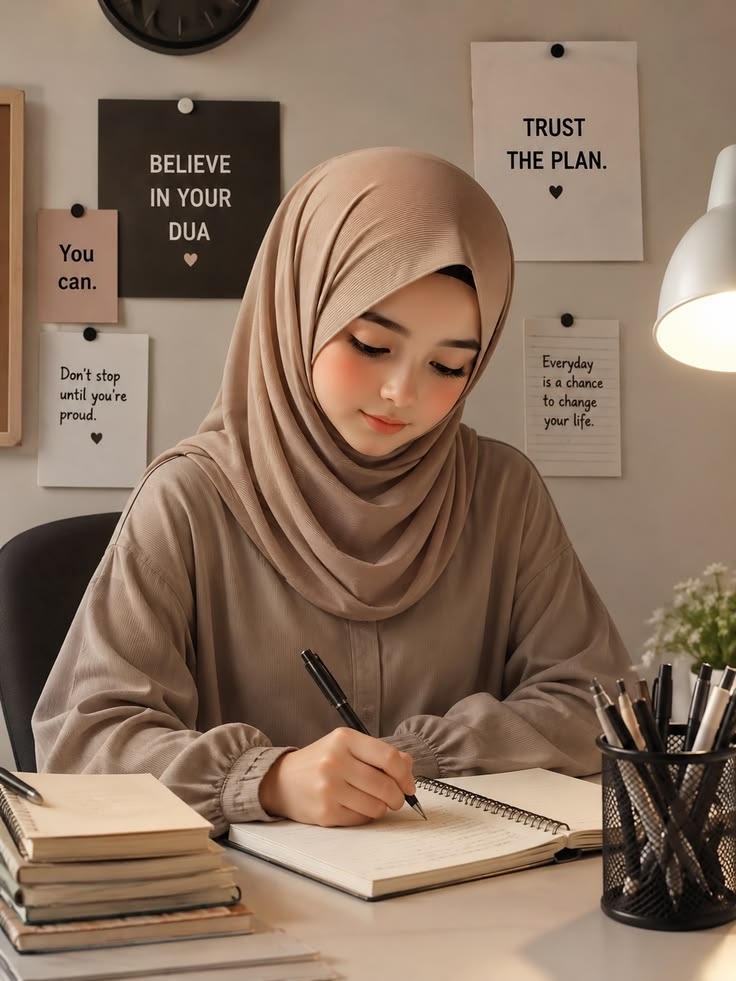 Young Muslim women in hijabs studying together in a modern bright library